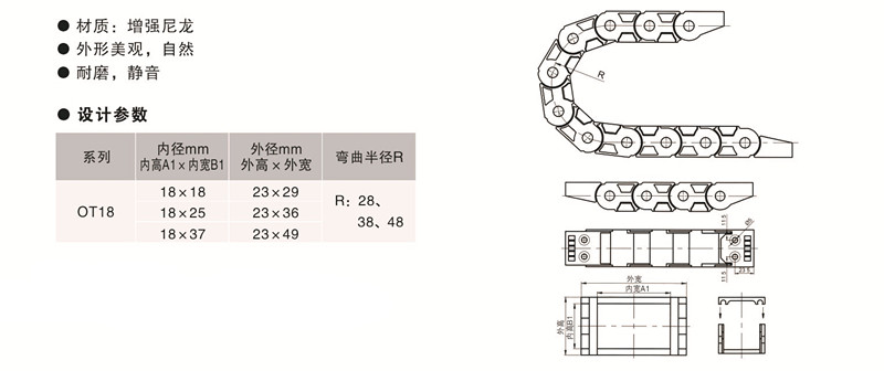 歐拓定制18系列半封閉拖鏈,內(nèi)波紋手輪,背波紋手輪,橢圓拉手,膠木拉手,方形拉手